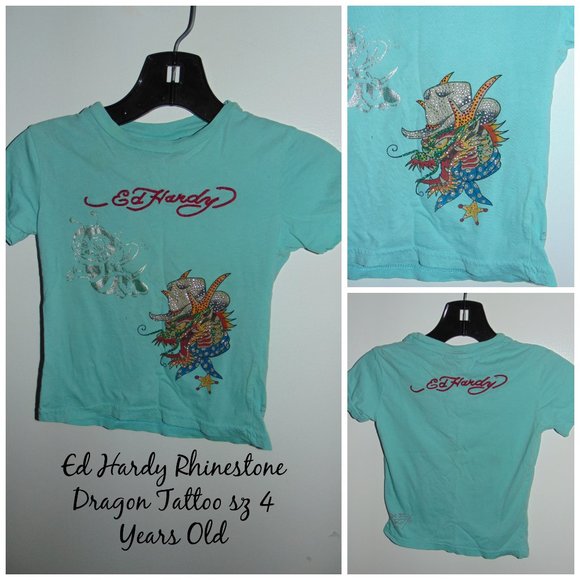 Ed Hardy Unisex Teal Blue Rhinestone Dragon Silver Bee Toddler T-Shirt sz 4 Year - Picture 1 of 5